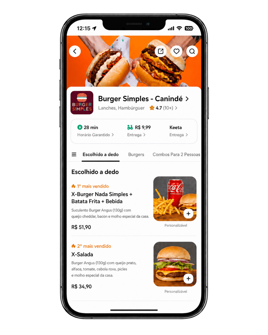 Celular exibindo a loja Burger Simples em aplicativo de delivery