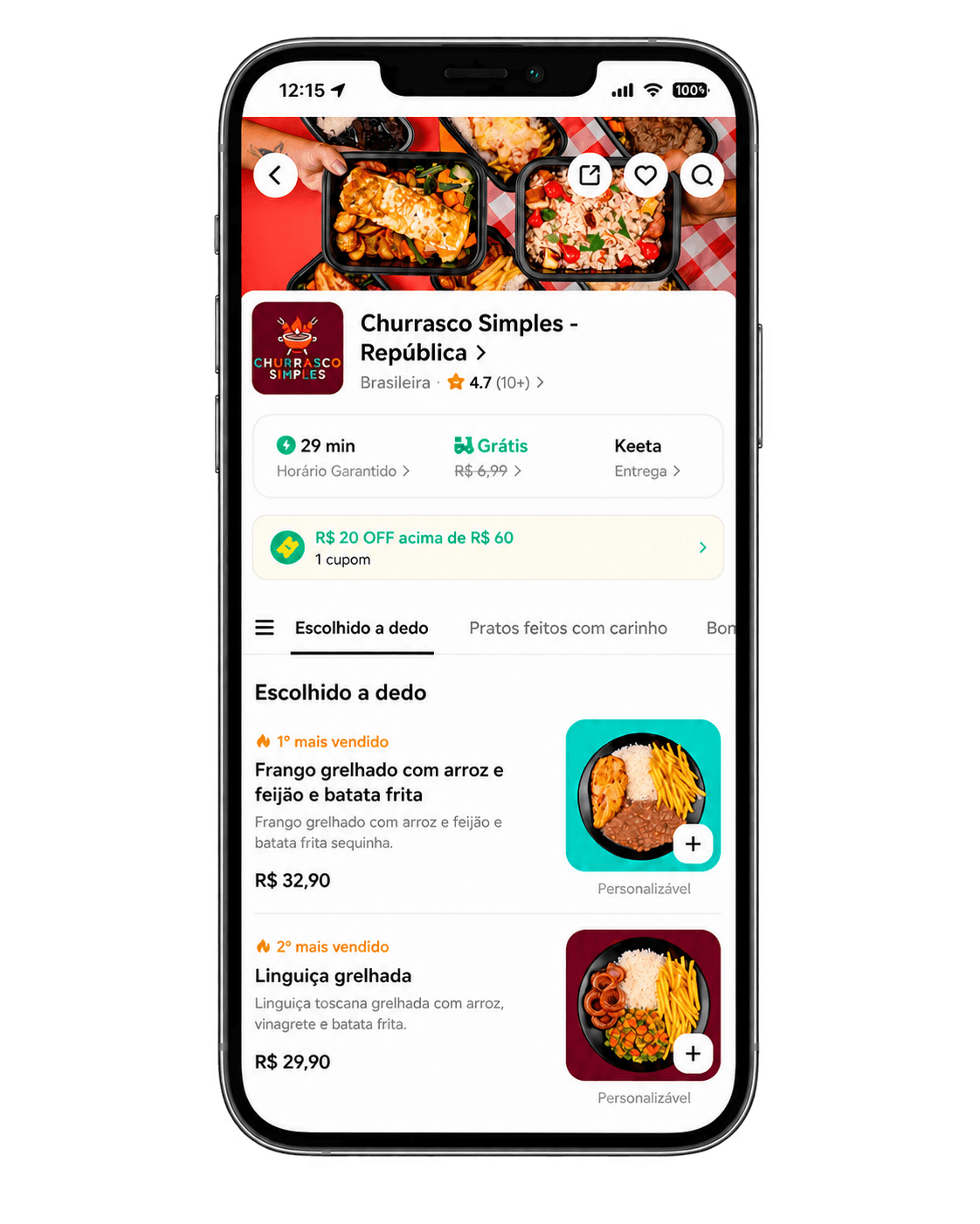 Celular exibindo a loja Churrasco Simples em aplicativo de delivery